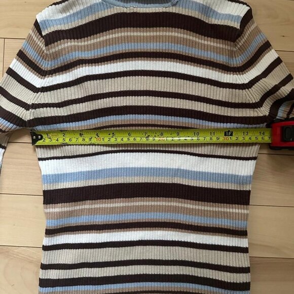 Vintage Blumind Striped Turtleneck – Y2K Ribbed Knit Top in Brown, Blue Cream - Picture 3 of 7